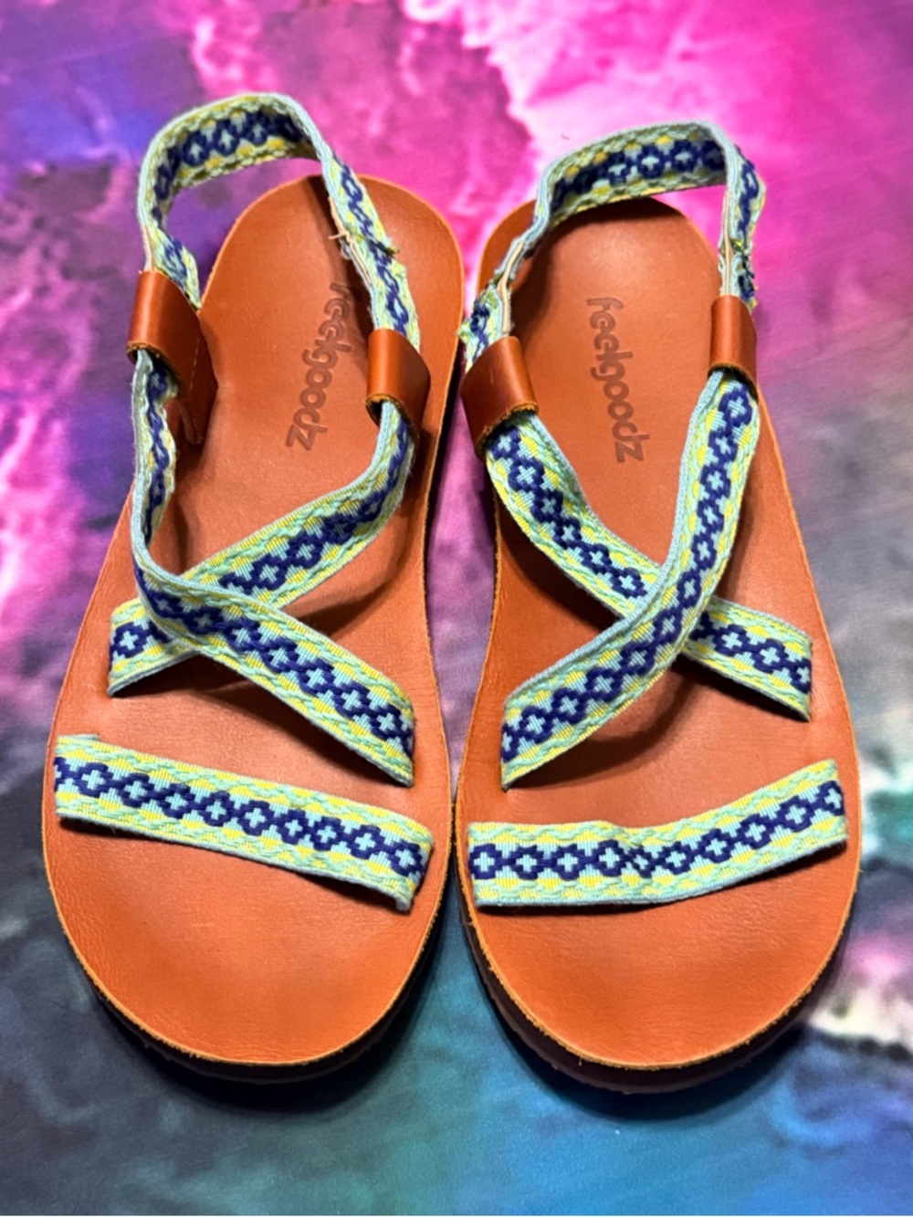 Zodiac-Inspired Brown Leather Sandals with Blue and Yellow Straps by FeelGoodz - Picture 2 of 8